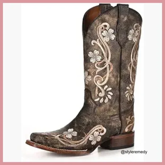 Distressed Leather Embroidered Snip Toe Western Boots Mid Calf - Picture 1 of 7